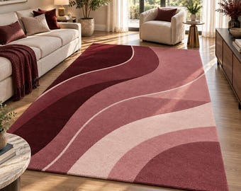 Modern Abstract Area Rug, Burgundy Pink Wave Rug, Contemporary Geometric Carpet, Blush Cream Living Room Bedroom Rug, Large Floor Rug