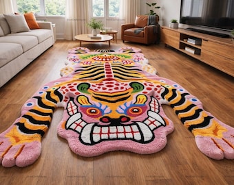 Tufted Tiger Rug, Maximalist Pink Tibetan Tiger Area Rug, Hand Tufted Wool Rug for Bedroom, Funky Aesthetic Decor, Weird Living Room Carpet