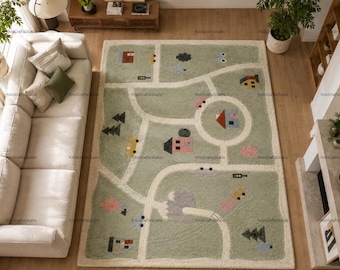Sage Green City Road Rug, Kids Play Carpet, Modern Nursery Rug Large Hand Tufted Road Map Rug, Sage & Cream Playroom Decor Soft Activity Rug