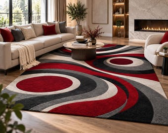 Modern Abstract Geometric Area Rug, Red Black Gray Ivory Wave Rug, Contemporary Living Room Carpet, Large Statement Home Decor