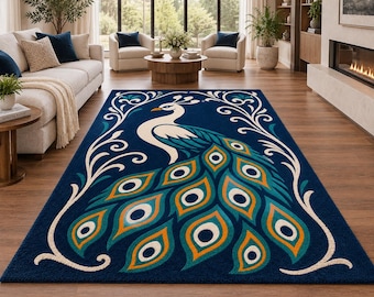 Peacock Rug, Blue Area Rug, Peacock Bird Rug, Boho Oriental Rug, Handmade Wool Rug, Luxury Living Room Rug, Statement Home Decor