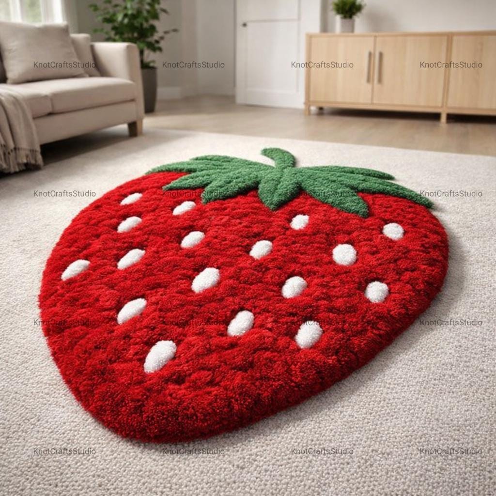 Elle Raspberry Decor Rug Strawberry Tufted Rug - Handmade Fruit Area Rug, Cute Cottagecore Room ...