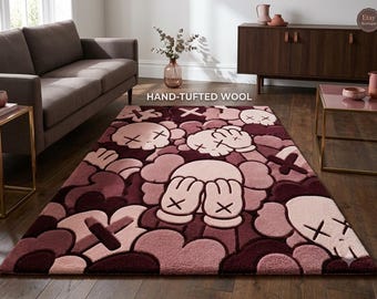 Hand Tufted Wool Rug, Cartoon Character Area Rug, Pink Burgundy Rug, Kaws Inspired Art Rug, Modern Statement Carpet, Gamer Room Decor