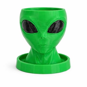 May include: A green alien head-shaped planter with large black eyes. The planter has a round base and a wide opening at the top for plants. The alien's face is detailed with a nose and a subtle mouth. The planter is made of a solid, smooth material.