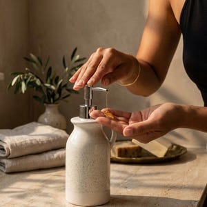 May include: A cream-coloured ceramic soap dispenser with a speckled finish and a silver-toned metal pump mechanism. The cylindrical bottle features a small handle on the side and is shown dispensing a clear, viscous liquid soap into a palm.