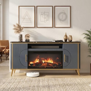 Fluted Fireplace TV Stand 80 Inch Media Console Electric Fireplace Entertainment Center Storage