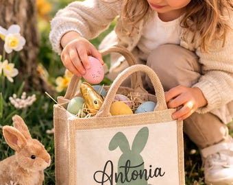 Personalisiertes Osterkörbchen mit Name | Jutetasche mit Hase | Individuelles Ostergeschenk für Kinder | Osterkorb personalisiert | Geschenk