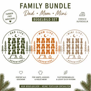 Könnte beinhalten: Familien-Bundle Bügelbilder mit Dad, Mom und Mini Designs. Jedes kreisförmige Design zeigt Texte wie "Dad Life" und "Adventure" mit Bäumen, einem Zelt und einem Mond. Die Transfers sind in Grün, Orange und Braun gehalten.