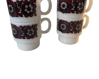 Zestaw 4 szklanych kubków Hazel Atlas Flower Power Milk Glass Stacking Cups