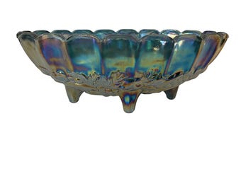 Indiana Carnival Glass Blue Harvest Grape Footed Bowl