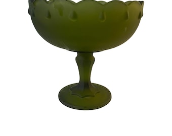 Vintage Indiana Glass Frosted Green Teardrop Pedestal Bowl