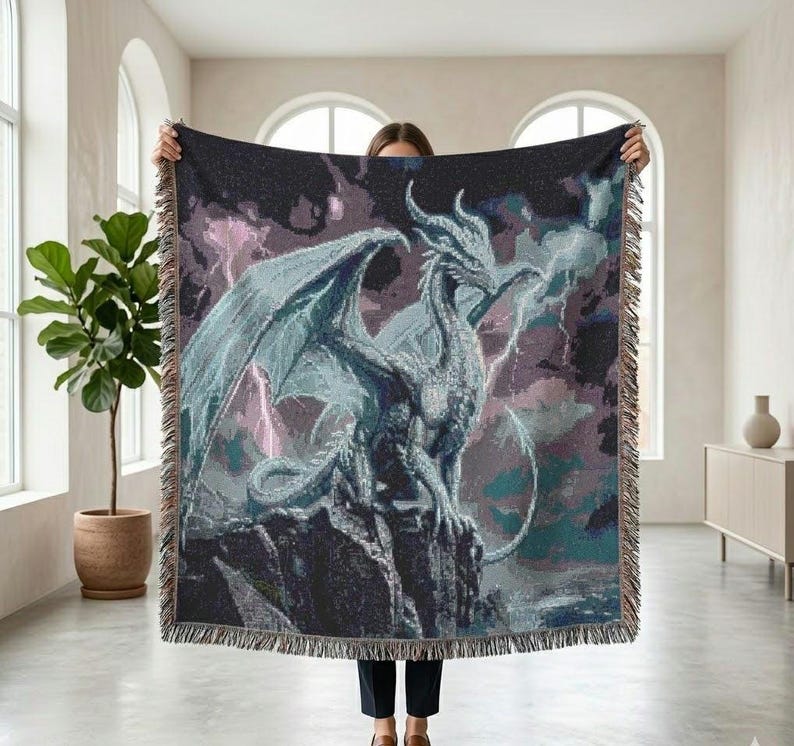 Storm Dragon Woven Blanket Fourth Wing Decor Iron Flame Throw Onyx Storm Gifts Bookish Booktok Aretia Merch Riorson House Lightning Art Bild 1