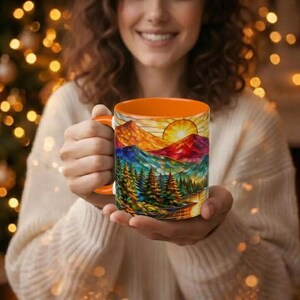Mountain Stained Glass Mug, Sunset Landscape Coffee Cup, Wildflower Forest Nature Lover Gift, 11oz 15oz Ceramic Hiking Mug, Outdoorsy Gift