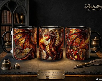Stained Glass Fire Dragon Accent Mug, Black 15oz Fantasy Coffee Cup, Gothic Dragon Lover Gift, Dark Academia Decor, DND Dungeon Master Gift