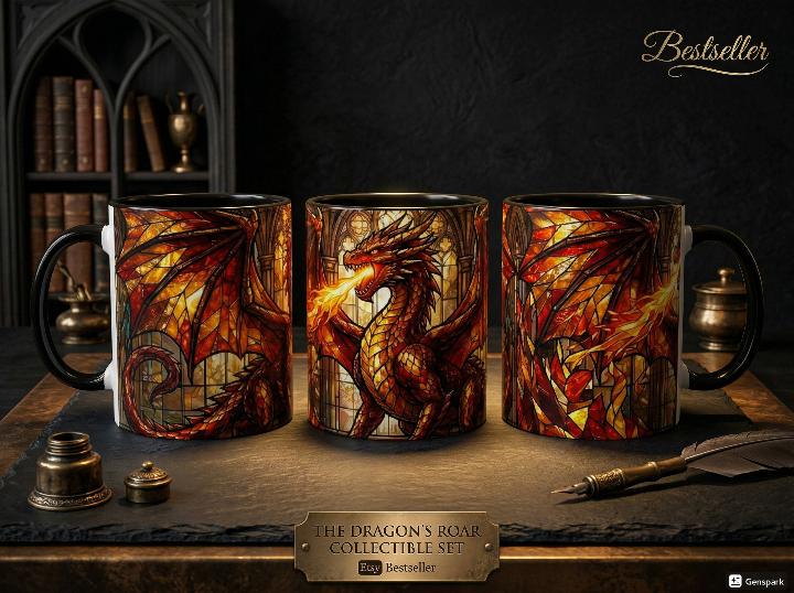 Stained Glass Fire Dragon Accent Mug, Black 15oz Fantasy Coffee Cup ...