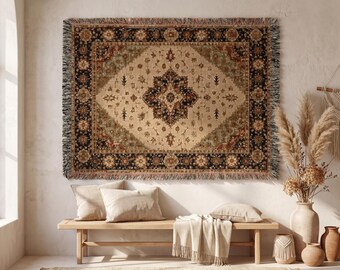 Persian Style Woven Blanket, Cotton Fringed Throw, Vintage Boho Home Decor, Wall Hanging