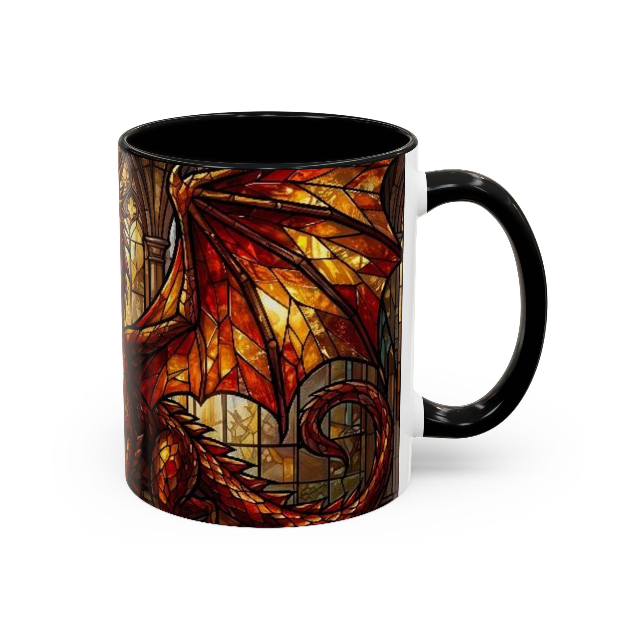 Stained Glass Fire Dragon Accent Mug, Black 15oz Fantasy Coffee Cup ...