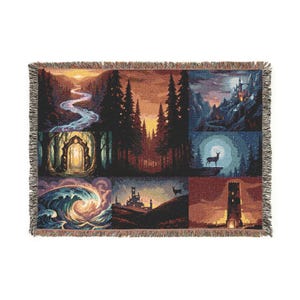 May include: Woven throw blanket featuring a fantasy landscape design. The blanket showcases various scenes including forests, castles, and a deer under a full moon. The color palette includes shades of blue, orange, and brown.