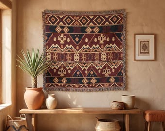 Southwestern Woven Blanket, Western Throw Blanket, Rustic Cabin Decor, Boho Geometric Cotton Throw, Wall Tapestry Gift