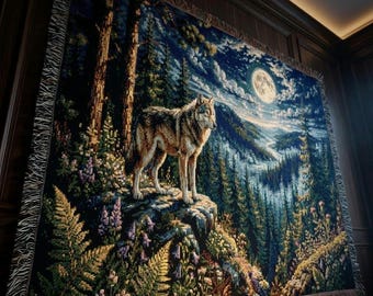 Moonlight Sentinel Woven Blanket, Midnight Wolf Forest Tapestry, Celestial Mountain Valley Throw, Mythic Wildlife Art, Fantasy Reader Gift