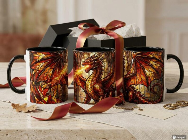 Stained Glass Fire Dragon Accent Mug, Black 15oz Fantasy Coffee Cup ...