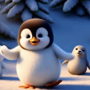 Op de afbeelding: Een centrale cartoonpinguïn met een zwart-wit lichaam en oranje snavel staat in de sneeuw, geflankeerd door een kleine witte ijsbeer, een grijze zeehond en een kleine oranje-witte vos, tegen een achtergrond van besneeuwde dennenbomen.
