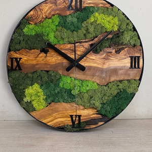 Olive Wood and Preserved Moss Wall Clock, Rustic Forest Nature Decor