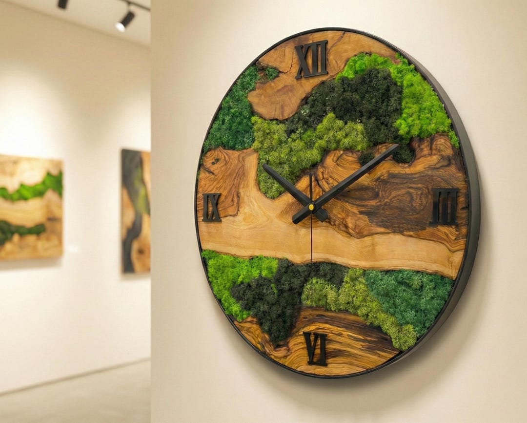 Olive Wood and Preserved Moss Wall Clock – Live Edge Nature Art Home ...