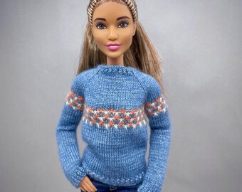 11.5 Inch Fashion Doll Pullover Knitting Pattern, Three Color Slip Stitch Design (PDF Download)