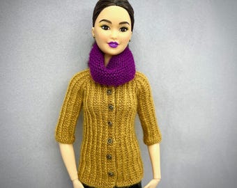 Molde de tricô para cardigã, roupa de boneca fashion de 29 cm, tricô em miniatura (PDF)