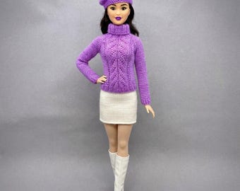 Breipatroon modepop-outfit — kanten trui, rok, baret pdf voor pop van 11,5 inch