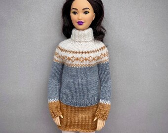 Knitting Pattern Fashion Doll Outfit — Onyx Colorwork Pullover & Skirt PDF for 11.5 Inch Doll
