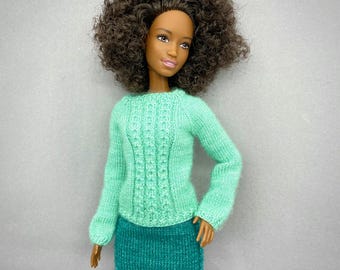 Primera nevada - Patrón de tejido para suéter y falda de muñeca, ropa en miniatura (descarga en PDF)