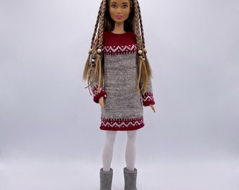 Molde de tricô para vestido de boneca fashion de 11,5 polegadas, estilo Fair Isle em miniatura (PDF digital)