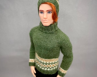 Molde de tricô para gorro e suéter estilo escandinavo para boneco masculino de 30 cm (download em PDF)