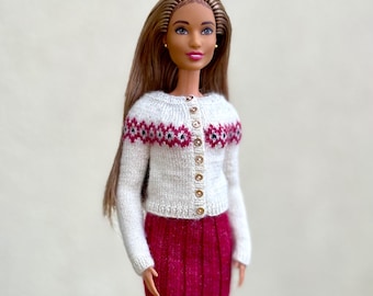 Knitting Pattern: Winter Cherry Jacket and skirt for 1/6 Scale Fashion Dolls (PDF Download)