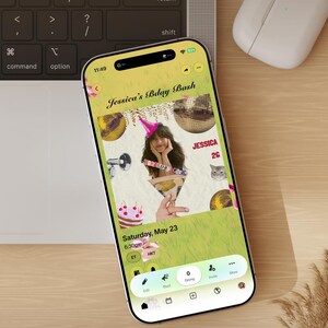 May include: A smartphone displays a birthday invitation with the text "Jessica's Bday Bash." The invitation includes a photo, date, and time. The phone is next to a laptop and a wireless mouse. The image also includes the text "Editable Invite."