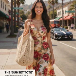 K&ouml;nnte beinhalten: Eine Frau in einem gebl&uuml;mten Kleid tr&auml;gt eine cremefarbene, handgewebte Jute-Tragetasche. Die Tasche ist mit "THE 'SUNSET TOTE'" beschriftet und Teil einer "EXKLUSIVEN SOMMERKOLLEKTION". Der Text "BOHO CHIC" steht oben.
