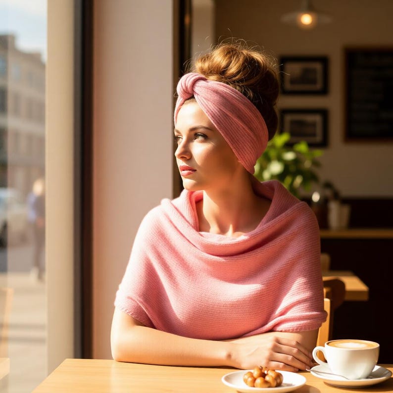 Pode incluir: Uma mulher usando uma faixa de malha rosa e um xale combinando senta-se em uma mesa de caf&eacute;. Uma x&iacute;cara de caf&eacute; e um prato pequeno com doces est&atilde;o na mesa. A mulher est&aacute; olhando pela janela.