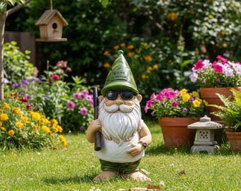 Estatua de gnomo cazador / Decoración de jardín con estampado de camuflaje / Divertido adorno para césped exterior