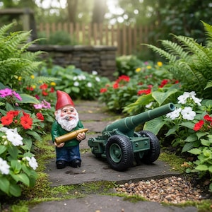 Puede incluir: Un gnomo de jardín con gorro rojo, camisa verde y pantalón azul sostiene un proyectil de artillería dorado junto a un cañón de juguete verde. La escena se desarrolla en un camino de piedra rodeado de flores coloridas y vegetación.