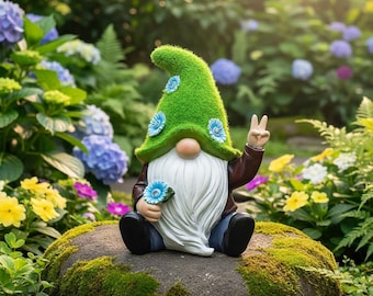 Gnomo con gorro peludo / Estatua de jardín con símbolo de la paz / Decoración para exteriores