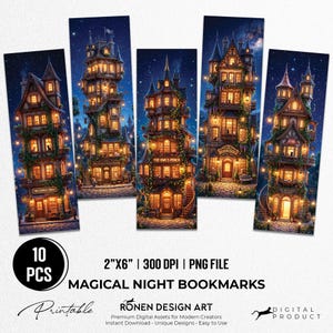 May include: Five vertical bookmarks featuring detailed illustrations of multi-story buildings at night, illuminated by warm golden lights. Each structure has intricate architectural details, climbing vines, and starry skies. Text includes 10 PCS, 2"X6", 300 DPI, PNG FILE, MAGICAL NIGHT BOOKMARKS, RONEN DESIGN ART, and DIGITAL PRODUCT.