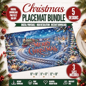 May include: A digital Christmas placemat bundle featuring a snowy landscape with a steam train, pine trees, and the text Merry Christmas. The bundle includes 5 designs in 10x16, 11x17, and 12x18 inch sizes, available as high-resolution 300 DPI PNG files.