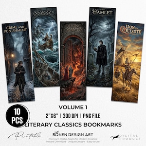 Op de afbeelding: Een set van vijf verticale bladwijzers met illustraties van literaire klassiekers: Crime and Punishment, Odyssey, Divine Comedy, Hamlet en Don Quixote. De tekst bevat 10 PCS, VOLUME 1, 2"X6", 300 DPI, PNG FILE, LITERARY CLASSICS BOOKMARKS en RONEN DESIGN ART.