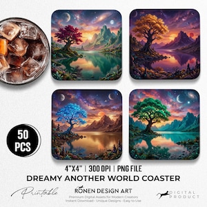 May include: Four square coasters featuring vibrant fantasy landscapes with colourful trees, mountains, and lakes under starry skies. The text reads 50 PCS, 4"X4" | 300 DPI | PNG FILE, DREAMY ANOTHER WORLD COASTER, RONEN DESIGN ART, and DIGITAL PRODUCT.