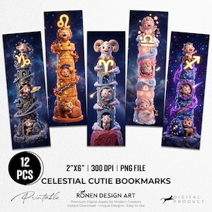 May include: A set of 12 digital bookmarks measuring 2 inches by 6 inches, featuring vertical illustrations of zodiac signs with cartoon animals in towers against a starry space background. Text includes 12 PCS, 2"X6", 300 DPI, PNG FILE, CELESTIAL CUTIE BOOKMARKS, RONEN DESIGN ART, and DIGITAL PRODUCT.