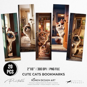 Könnte beinhalten: Ein Set aus 20 druckbaren digitalen Lesezeichen mit Illustrationen von Katzen, die durch Türen schauen. Der Text lautet 2"X6" | 300 DPI | PNG FILE, CUTE CATS BOOKMARKS, RONEN DESIGN ART und DIGITAL PRODUCT. Jedes Lesezeichen zeigt eine Katze.