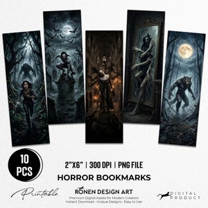Horror Bookmarks Printable Bundle of 10, Dark Gothic Macabre Art, Scary Vampire Zombie Reader Gift, Spooky Halloween Digital Download PNG