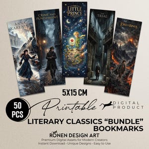 Classic Literature Bookmarks Printable Mega Bundle of 50, Teacher Gift, Dark Academia Reading Accessory, Digital Download PNG